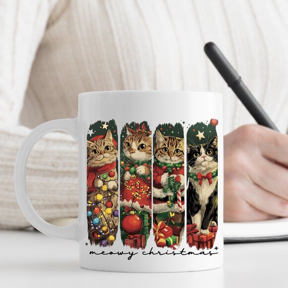 "Meow-Christmas" 11oz White Mug – Cute Cats & Stars Holiday Design - Picture 1 of 4